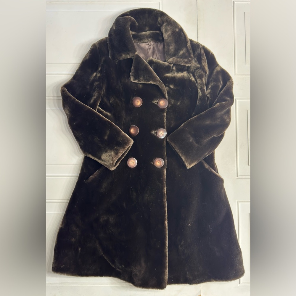Winkelmans Vintage Woman’s Sz M Brown Faux Fur Sheered Long Trench Coat Jacket - Picture 2 of 6